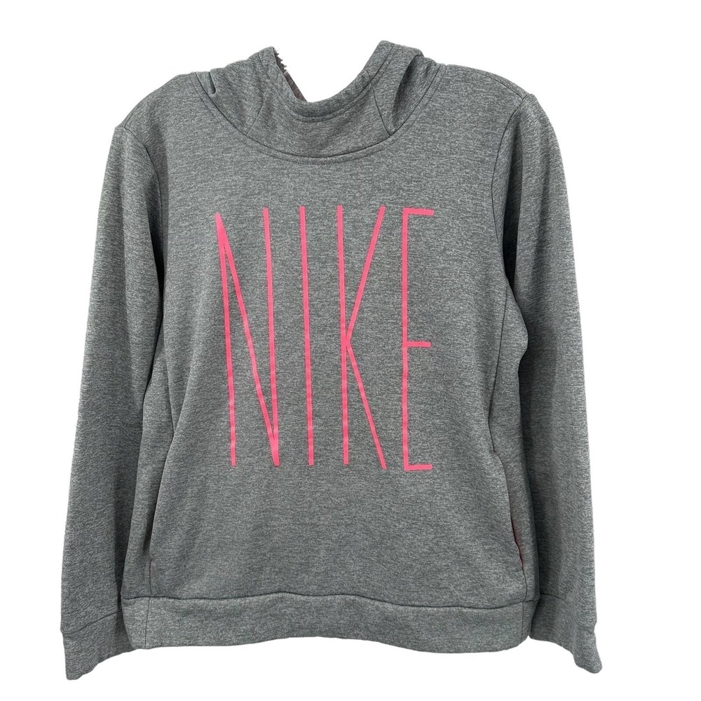 Nike Dri-FIT Hoodie Gray Pink Graphic Logo Fleece Pullover Sweatshirt Warm XL